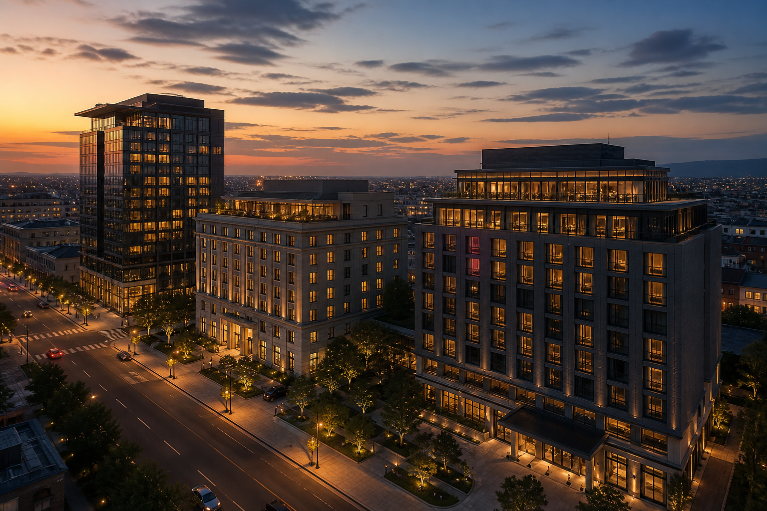 Mehrere moderne Hotelgebäude einer Hotelgruppe