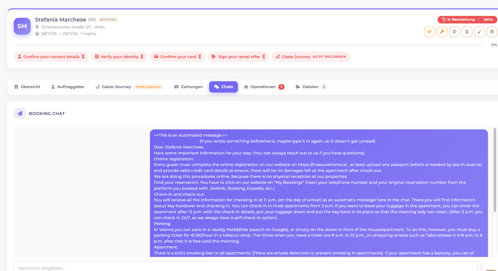 Booking Chat direkt im Treasure Home Gastprofil