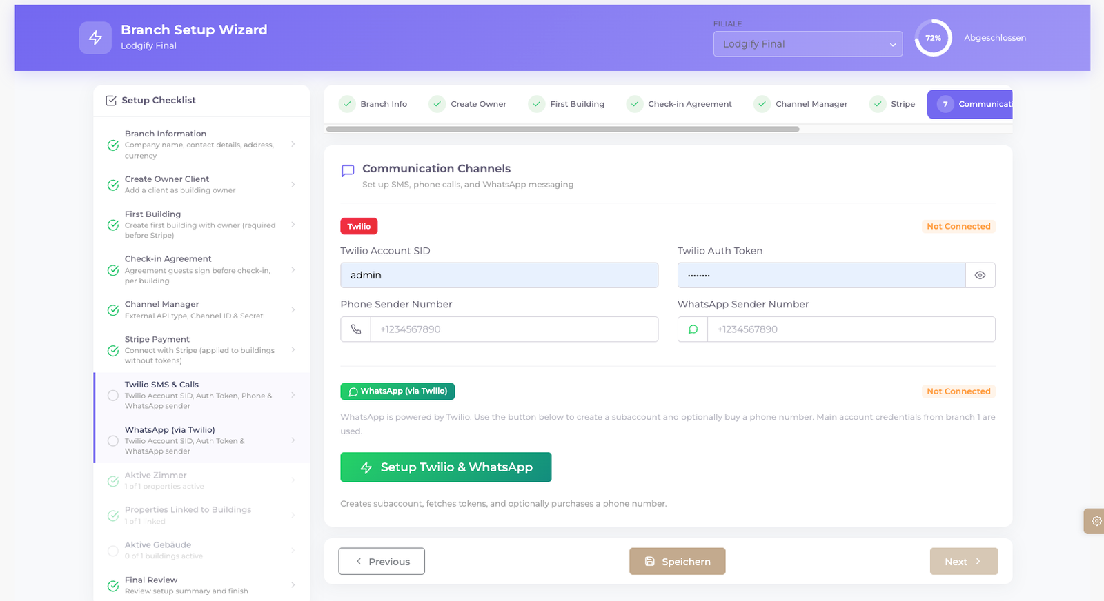 Twilio und WhatsApp Integration im Treasure Home Setup Wizard