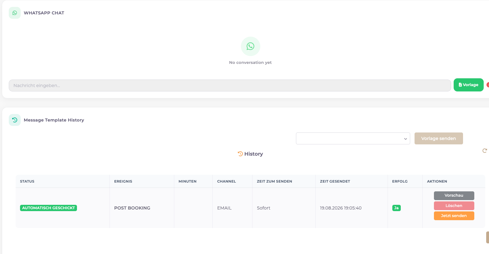 WhatsApp Chat und Message Template History in Treasure Home