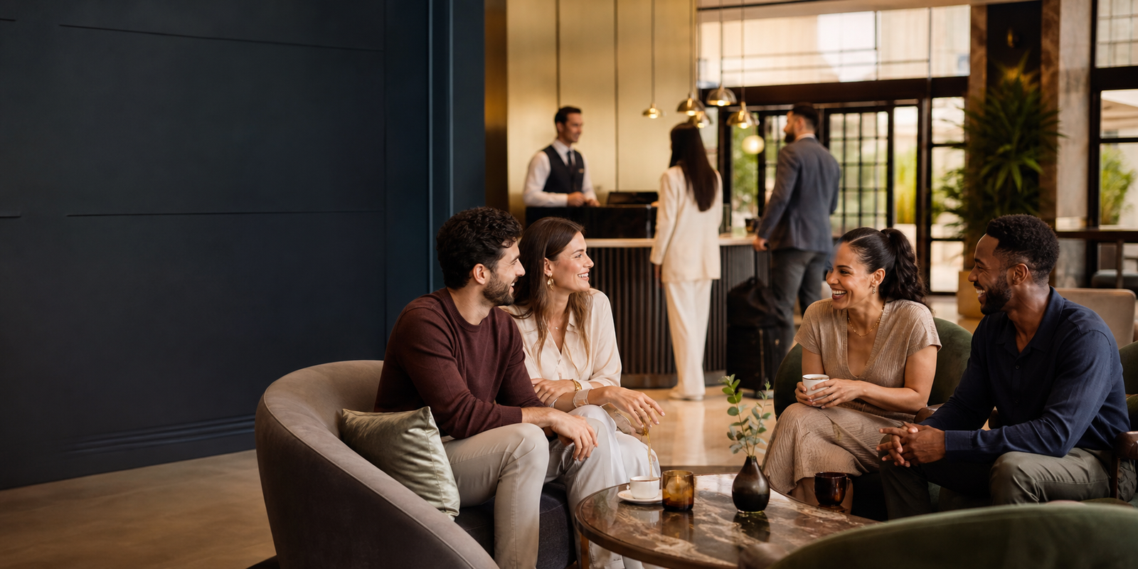 Zufriedene Hotelgäste in einer modernen Hotellobby