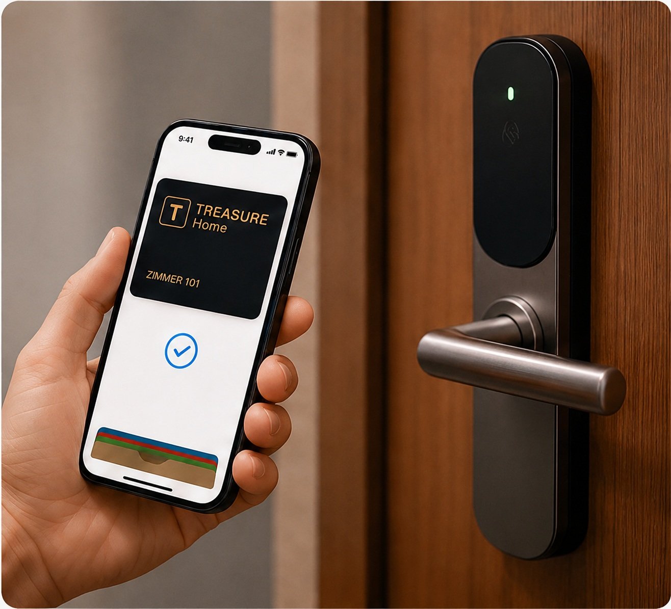 Treasure Home Mobile Key auf dem iPhone neben einem Hotelschloss